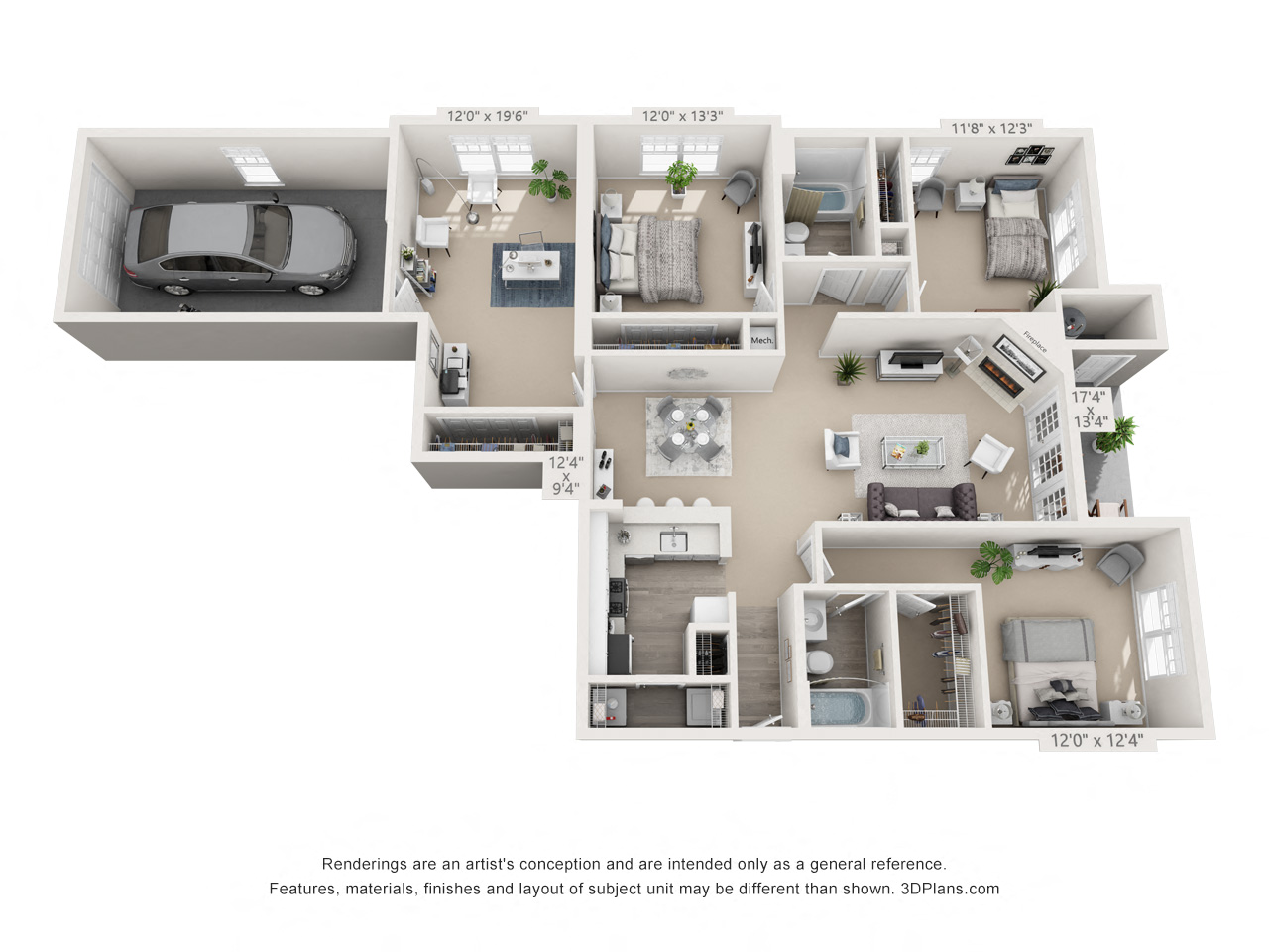 Floor plan for 3 beds, 2 baths, 1581 sqft